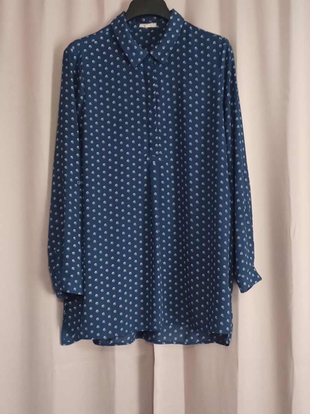 Pleione Navy Polka Dot 1/4 Button Front Tunic Roll Tab Sleeve Collar  Semi Sheer